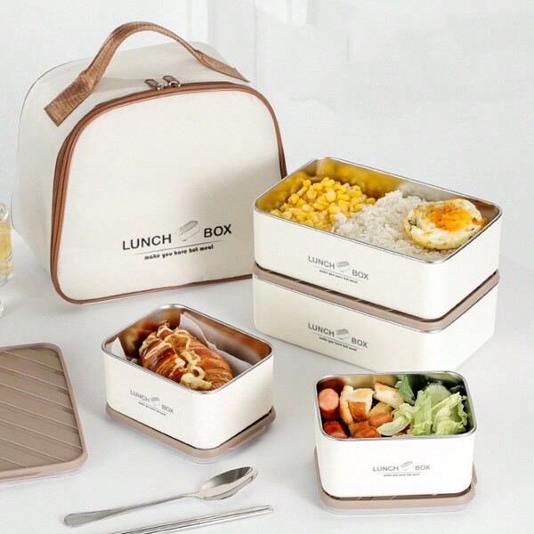2pcs/3pcs 304 Stainless Steel Bento Lunch Box, Outdoor Picnic Container, Leakproof, Reusable Food Storage Box With Insulated Bag For Office, School Or Travel Christmas Gift,School Supplies