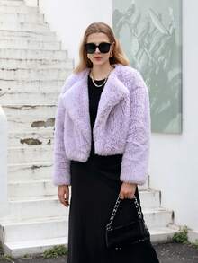 RELISH NOLESS Áo khoác lông dài tay màu trơn cho nữ mặc vào mùa đông - Màu tím - Xem 4