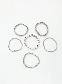 6pcs/Set Fashionable Minimalist Ccb Material Asymmetrical Round Bead & Geometric Square Beaded Bracelet For Vacation, Travel, Shopping, Photography, Bar, Nightclub, Casual, Daily Outfit Matching & Wearing - Silver Beaded Set - View 3