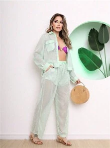 Beach Cover-Up Set, Long-Sleeved Shirt And Pants With Pocket On The Side - Verde Claro - 查看 1