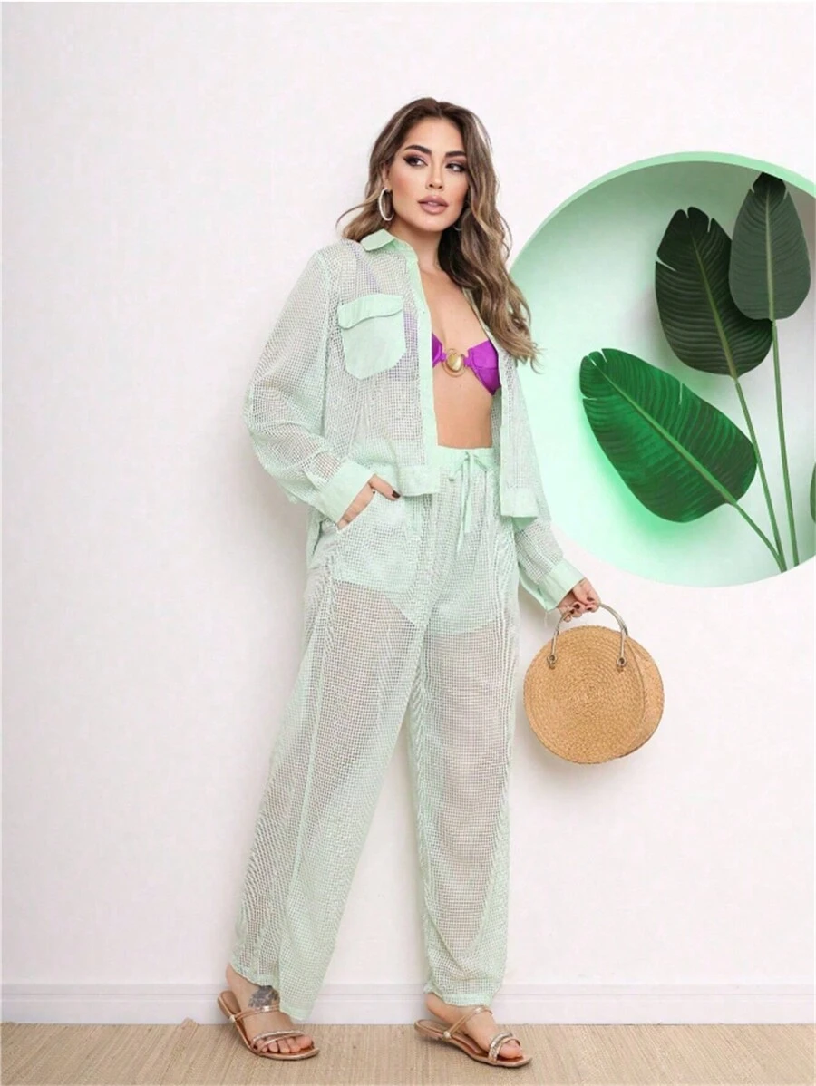Beach Cover-Up Set, Long-Sleeved Shirt And Pants With Pocket On The Side - Verde Claro - 查看 1