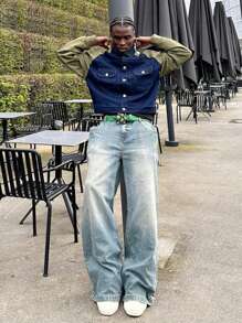 Jeans de pierna ancha de estilo callejero casual y de moda para hombres - Azul lavado medio - Ver 3