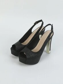 Sandalias para mujer con tira de hebilla, tacón grueso y lazo de mariposa - Negro - Ver 6