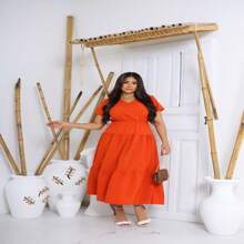 Dress With Two Crepinho Ruffles! With A V-Neck And Elegant Design, It Is Perfect For Parties And Special Events, Such As  Occasions. - 亮橙色 - 查看 6