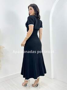 Women's Cropped Knitting Set And Pleated Midi Skirt (White, One Size 36 To 42) - 黑色 - 查看 2