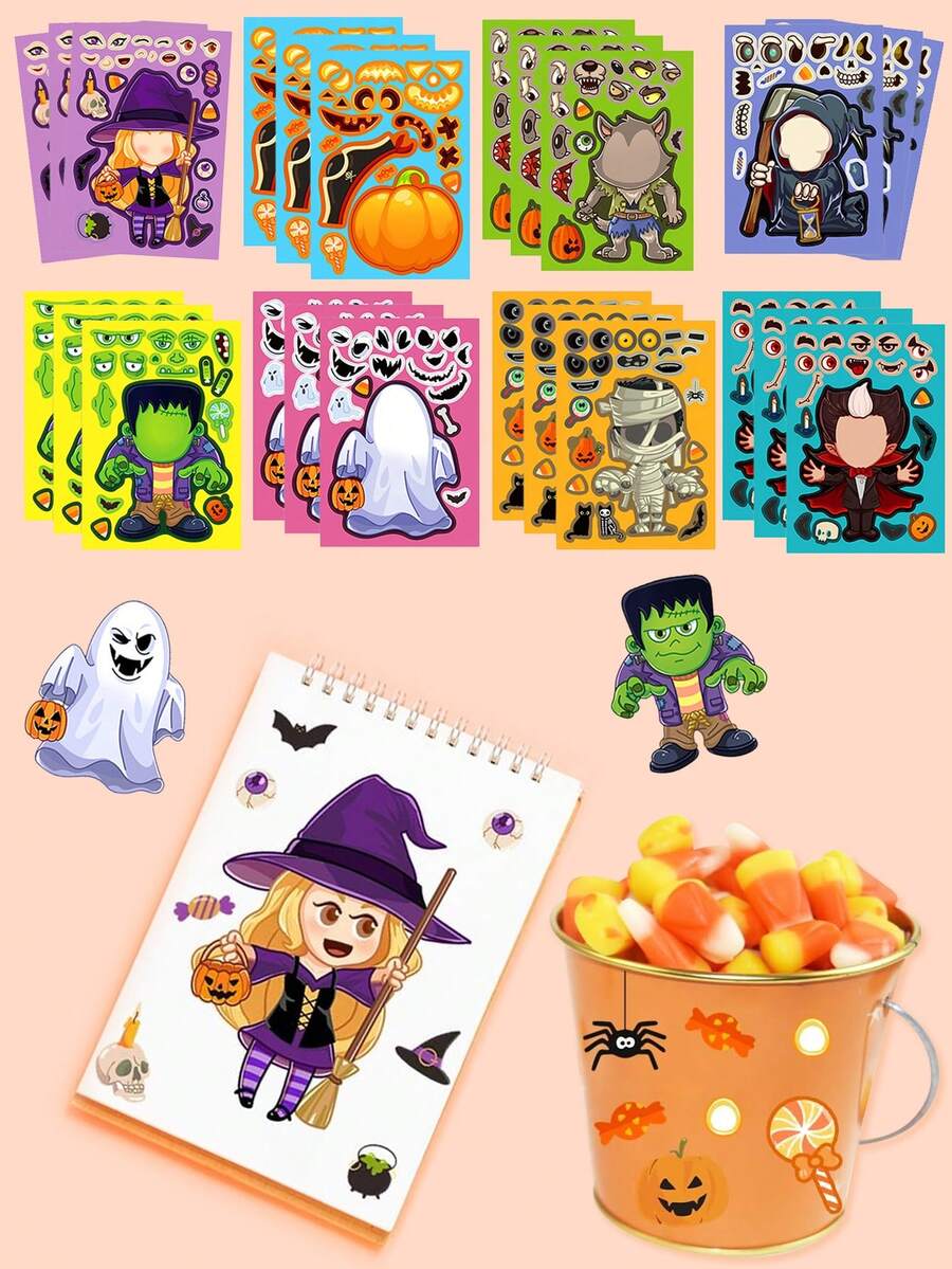 8/24 szt. Halloween naklejki rzemieślnicze upominki na przyjęcie naklejki na twarz czarownica wampir samoprzylepne naklejki DIY na Halloween dla dzieci, naklejki z grami imprezowymi, upominki na przyjęcie dla dzieci, rękodzieło