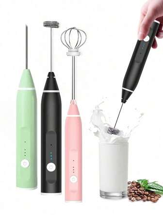 1pc Milk Frother, Handheld Electric Egg Whisk USB Rechargeable Foam Maker With Stainless Steel Whisks & 3 Speed Adjustable Egg Beater Mini Blender Drink Mixer Milk Frother For Coffee Chocolate Egg Mix,Egg,Kitchen,Kitchen Items,Food,Decor,Party,Camping,Organizer,Beach,Travel,Vacation.