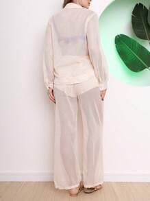 Beach Cover-Up Set, Long-Sleeved Shirt And Pants With Pocket On The Side - 米色 - 查看 2