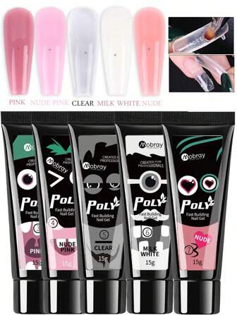 15毫升延长美甲凝胶，5支装，水晶白、粉色、透明、裸色，聚丙烯酸酯凝胶管装，美甲增强凝胶，可卸除，快速打造美甲，DIY美甲凝胶，女士礼物