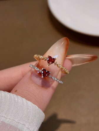1pc Elegant Casual Red Heart Ring For Women, S925 Silver Material, Women's Jewelry Gift, Birthday Gift, Party Gift, Valentine's Day Gift