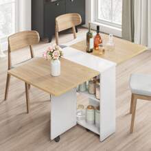 Folding Dining Table, Dinner Table With Wheels And 2-Layer Storage Shelf Dining Room Table For Small Space, Kitchen - Màu trắng không có tay cầm - Xem 4
