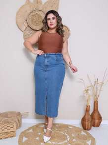 Casa de Jeans - Saia Jeans Mídi Feminina Cós Alto, Perfeita Para Mulheres Plus Size, Tamanhos 38 ao 54 - Lavagem Média - Visão 5