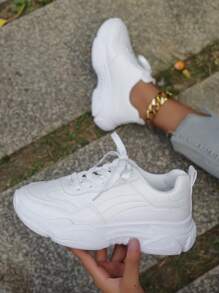 Ladies' White Shoes, Casual Sneakers, Thick-Soled Shoes, Anti-Slip Elevated Leather Shoes For Students - White - View 2