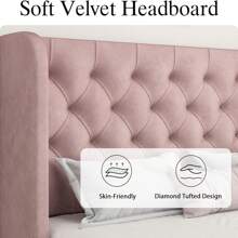 Modern Velvet Upholstered Bed Frame With Curved Wingback Design, Wooden Platform Bed Frame For Bedroom, Full Bed Frame/ Queen Bed Frame/ King Bed Frame/ Full Size Bed Frame/ Queen Size Bed Frame/ King Size Bed Frame,Pink/ White/ Grey - Pink - View 4