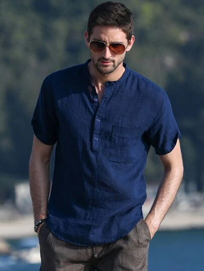 NITAGUT Men Patched Pocket Half Button Shirt