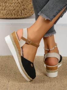 Women's Retro Woven Platform Wedge Sandals (Run Small, Size Up), Women's Simple Buckle Closed Toe Sandals, Women's Straw Thick Bottom Round Toe Platform Sandals, Suitable For Outdoor, Commute, Travel, Party