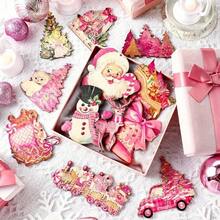 24 piezas, diseños navideños rosas, Papá Noel, animales, pino perenne, muñeco de nieve, reno, hombre de jengibre, campana, adornos navideños colgantes de madera para árbol, decoración de jardín y suministros, decoración de fiesta, suministros navideños, decoración de jardín (con cuerda), Navidad