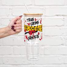 Sip Sip Hooray Design True Crime 40oz Glass Tumbler With Handle Lid And Straw, Cute Coffee Cup Iced Coffee Cup, Spooky True Crime - Clear - View 2