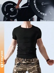 2 Piezas De Camisetas Sólida Para Hombres De Mangas Cortas Y Cuello Redondo Manga Corta Slim Fit para Hombre, Traje de Camiseta con Cuello Redondo ajustado, Traje Deportivo de Manga Corta Elástica verano de casual - Negro - Ver 5