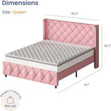 Twin/ Full/ Queen/ King Size Bed Frame, Upholstered Bed Frame With Diamond Headboard And Footboard, No Box Spring Needed With Wood Slat Support, Easy Assembly, Twin Bed Frame/  Full Bed Frame/ King Bed Frame, Black/ Pink/ White/ Purple/ Blue/ Green - 粉色 - 查看 9
