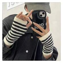 1 Cặp Găng tay ngắn hở ngón bằng vải Acrylic dệt kim họa tiết sọc dành cho nữ, ấm áp và thời trang, phù hợp cho mùa xuân, mùa thu và mùa đông, thích hợp cho học sinh, JK, khiêu vũ, tiệc tùng - Đen và trắng - Xem 3