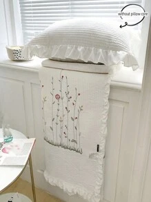 3pcs Plant & Floral Embroidered Bedding Set, Including Quilted Blanket & Ruffle Pillowcase & Comforter