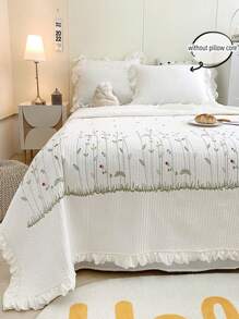 3pcs Plant & Floral Embroidered Bedding Set, Including Quilted Blanket & Ruffle Pillowcase & Comforter