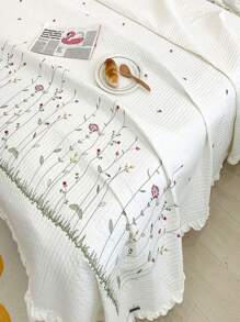 3pcs Plant & Floral Embroidered Bedding Set, Including Quilted Blanket & Ruffle Pillowcase & Comforter
