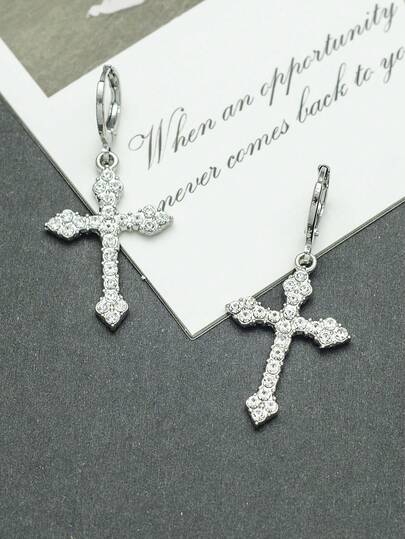 1 Đôi bông tai nữ với mặt dây chuyền hình thánh giá bằng kim loại bạc đính kim cương giả, kiểu dáng retro lấp lánh cá tính, thích hợp cho tiệc tùng, lễ hội, kỷ niệm hoặc đeo hàng ngày.