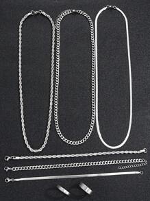 17KM 8 件/套简约朋克嘻哈不锈钢项链、手链、戒指首饰套装，适合男士，适合约会、度假和日常佩戴 - 銀色 - 查看 6