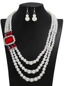 Bridal Bohemian Retro Multi-Layer White Faux Pearl Necklace & Earrings Jewelry Gift Set, Bride Long Faux Pearl Necklace, Personalized Women's Chunky Jewelry Gift Set, Prom Wedding Party Mother's Day Teacher's Day Gift, Jewelry For Women And Girls - Pearl Set - View 3