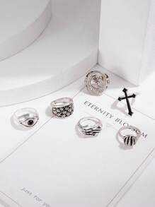 imoli 6pcs/Set Gothic Punk Style Zinc Alloy Black Oil Cross, Eagle Claw, Eye Shaped Silver Rings For Men, Halloween Party Favor (Hand-Oiled, Various Blackening Effects)
