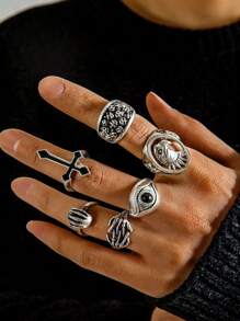 imoli 6pcs/Set Gothic Punk Style Zinc Alloy Black Oil Cross, Eagle Claw, Eye Shaped Silver Rings For Men, Halloween Party Favor (Hand-Oiled, Various Blackening Effects)