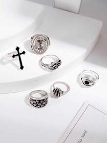 imoli 6pcs/Set Gothic Punk Style Zinc Alloy Black Oil Cross, Eagle Claw, Eye Shaped Silver Rings For Men, Halloween Party Favor (Hand-Oiled, Various Blackening Effects)