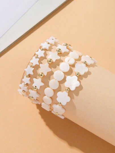 طقم 4 قطعة من أساور الخرز بتصميم نجمة البحر والزهرة والصدف، إكسسوار موضة، مناسب للسفر والعطلات