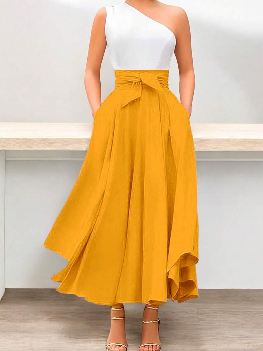 SHEIN Women's Solid Color High Waisted Knot Front Skirt - Mango - View 1