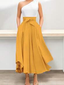 SHEIN Women's Solid Color High Waisted Knot Front Skirt - Mango - View 3