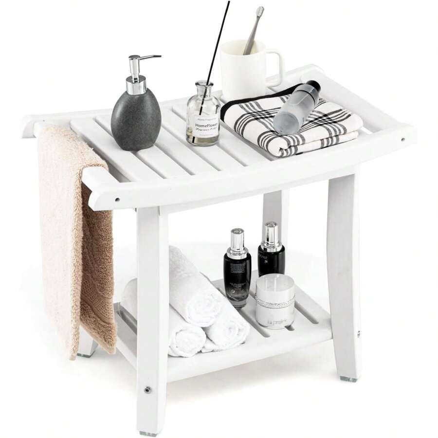 2-Tier Shower Bench, Spa Bath Shower Stool With Curved Seat, 2 Easy-To-G Handles, Storage Shelf & Non-Slip Foot Pads, Waterproof Shower Chair For Bathroom, Living Room, Entryway, White