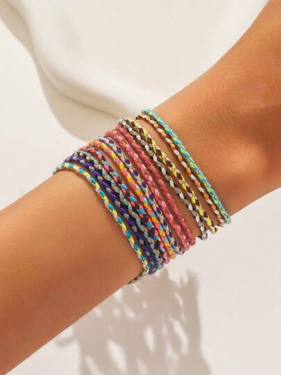 1 Set Of 12pcs Handmade Woven Colorful Friendship Bracelets, Boho Style Cotton Rope, Beads & Tassel Adjustable Bracelet Set, Suitable For Women Daily Wear