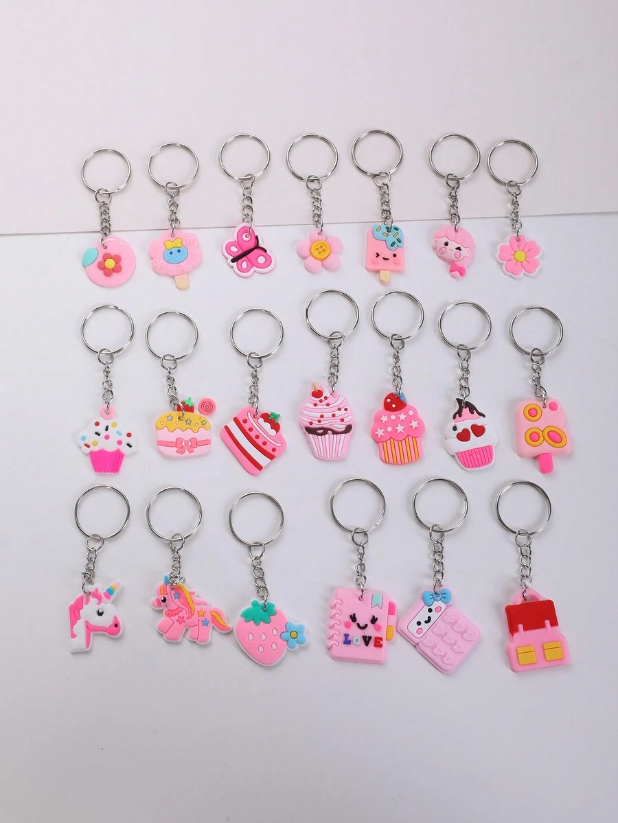 20pcs Pink Animal & Plant Shape Keychain, Suitable For Party Favor, Holiday, Back To School Gift - Multicolor - View 1