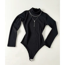 Body Blouse With High Neck Long Sleeve Ribbed Basic Basic - Black - View 1