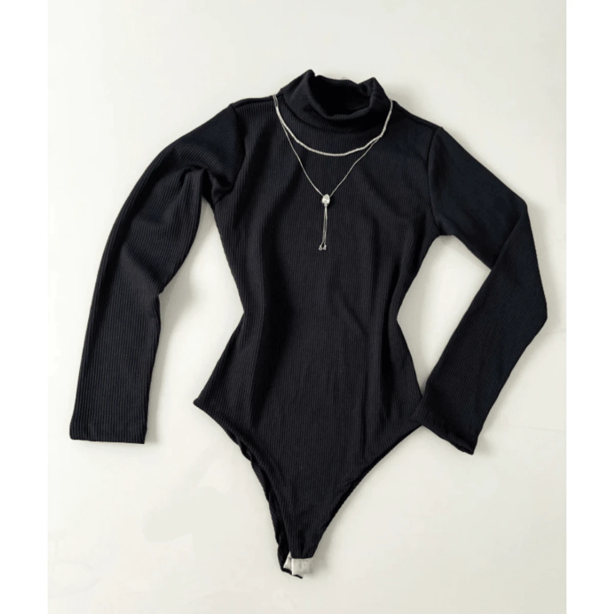 Body Blouse With High Neck Long Sleeve Ribbed Basic Basic - Black - View 1