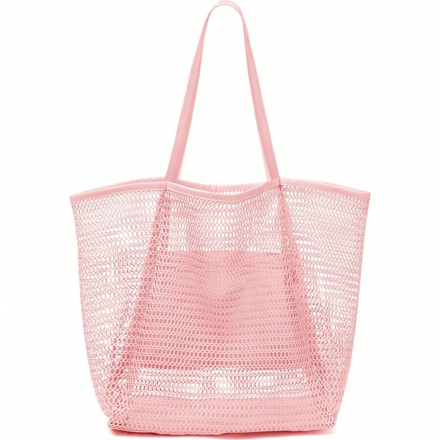Mesh Beach Tote Bag With Phone Pocket - Women's Shoulder Bag For Beach Travel - Hồng - Xem 1