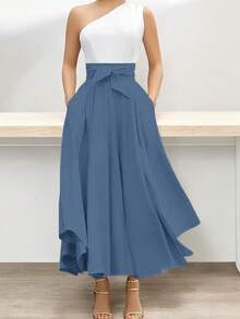 SHEIN Women's Solid Color High Waisted Knot Front Skirt - Demin - View 4
