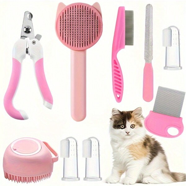 8 piezas Juego de cepillos para gatos, cepillo autolimpiante de silicona con cortaúñas para mascotas y lima, peine para pulgas, cepillo de baño con champú para mascotas