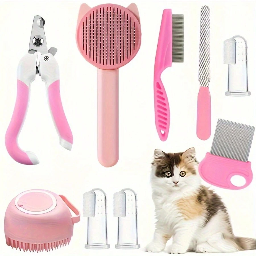8pcs Cat Brush Grooming Kits, Silicone Self-Cleaning Slicker Brush With Pet Nail Clipper And File, Flea Comb, Pet Shampoo Bath Brush - Multicolor - View 1