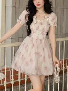 Summer Women Bow Mesh Back To School Dress New Fall Dresses Korean Style Casual Pink Concert Outfits For Women Sweet Puff Sleeve Birthday Party Prom Y2K Short Dress Homecoming School Clothes - Pink - View 8