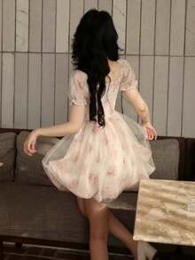 Summer Women Bow Mesh Back To School Dress New Fall Dresses Korean Style Casual Pink Concert Outfits For Women Sweet Puff Sleeve Birthday Party Prom Y2K Short Dress Homecoming School Clothes - Pink - View 9