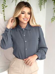 Women's Social Shirt With Long Sleeve Button Tendência Moda Super Shipping! ! - Xám - Xem 2