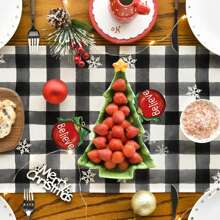 1PC Buffalo Plaid Gnome Bell Xmas Tree Christmas Table Runner, Seasonal Winter Kitchen Dining Table Decoration For Home Party Decor - أبيض وأسود - مشاهدة 6